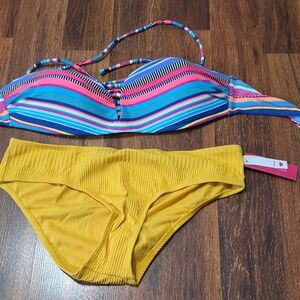 Xhilaration Multicolor Striped Bandeau Top with Yellow Bikini Bottoms
